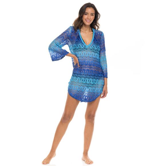 Elif Jordan Taylor Lace  Ombré Blue Turquoise Tunic Swim Cover Serpuntus Large - Picture 1 of 6